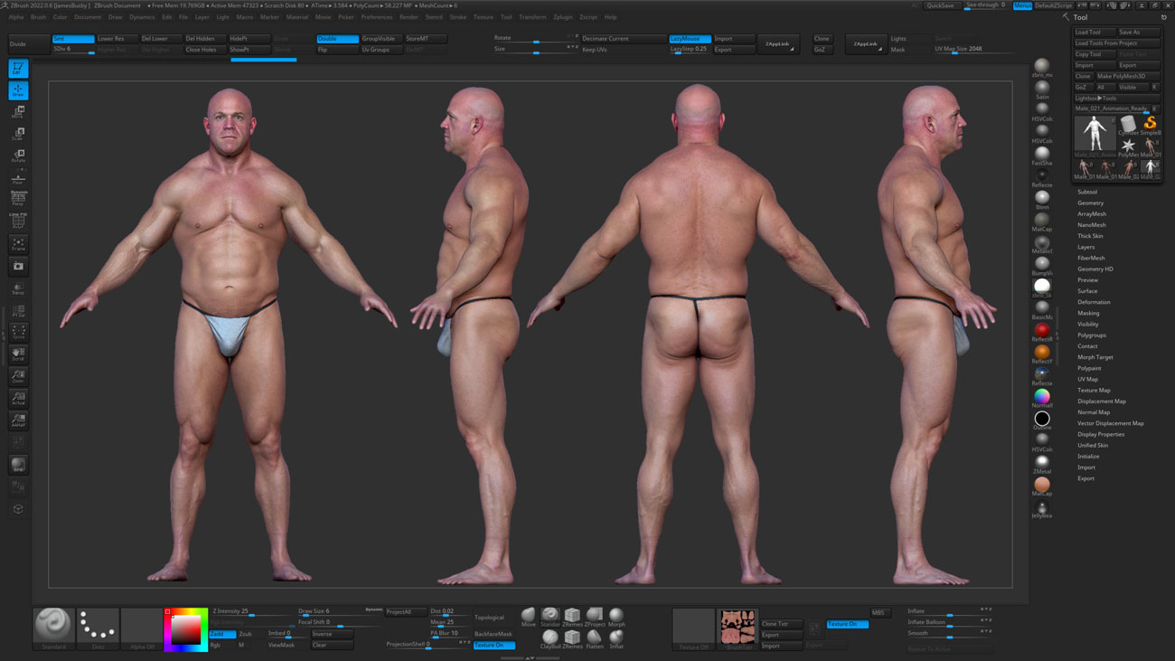 ZBrush ZTool render of a large heavy-set muscular male body scan at high subdivision, showing sculpt-ready geometry